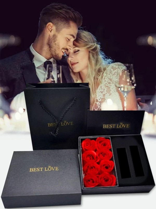 Elegancki zestaw z różami - elegancki prezent na dzień kobiet dla niejCzarny flowerbox z 12 różami mydlanymi i elegancką torbą „Love Forever”. Idealny prezent dla niej.