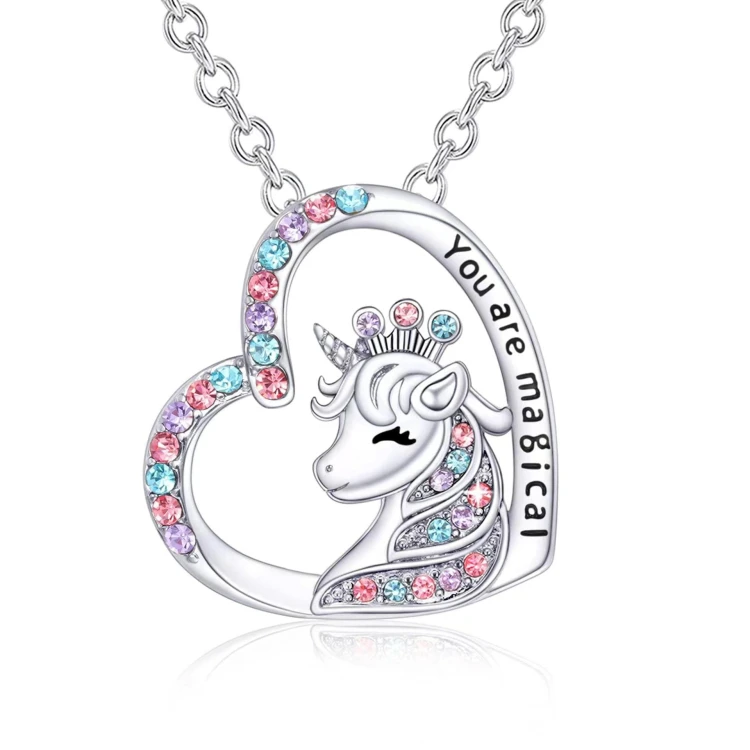 Luksusowa biżuteria marki "Bamuer"— naszyjnik z sterlingowego srebra (Silver Plated) w kształcie serca - jednorożca z cyrkonią