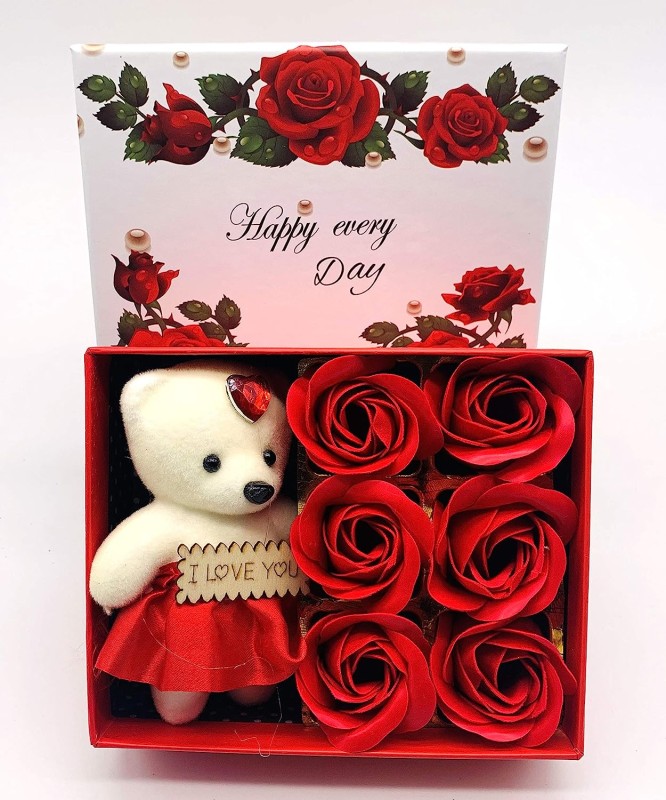 Zestaw miś z napisem „I LOVE YOU” i czerwone róże mydlane – piękny, gotowy upominek w dekoracyjnym pudełku.
