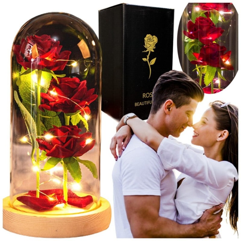Wieczna róża w szklanej kopule „Paris Lumière” — luksusowa, subtelnie podświetlana dekoracja.