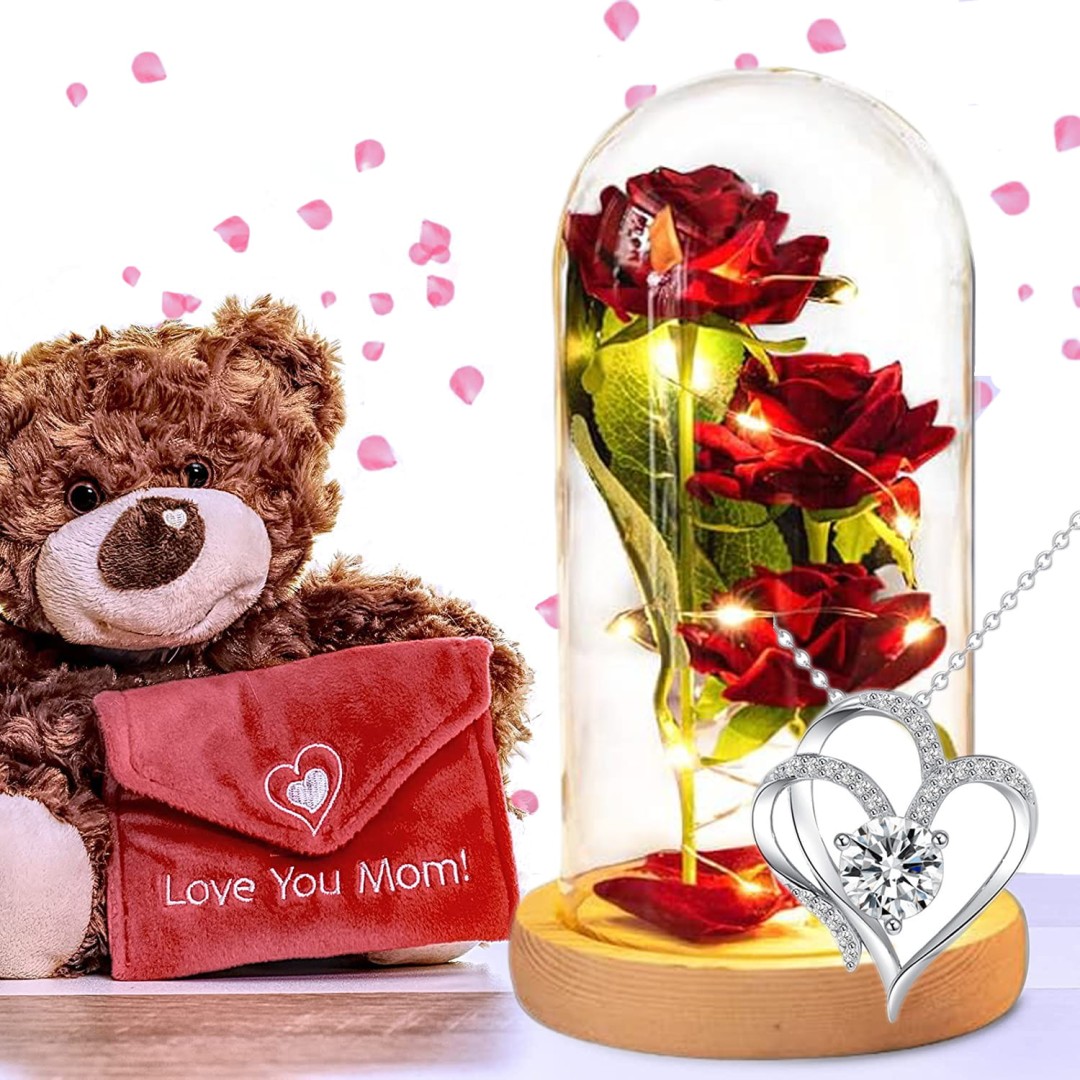 Wieczna róża „Belle Amour” w szklanej kopule z oświetleniem LED — elegancki i gotowy do wręczenia prezent premium.