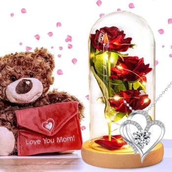 Zestaw „Eternal Love” – Wieczna Róża LED + Złoty Naszyjnik Serce