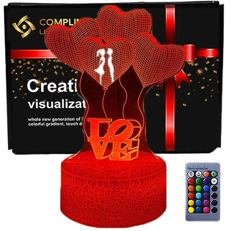 Lampka nocna dla dzieci 3D Love to delikatne światło LED i efekt 3D. 16 kolorów, pilot i regulacja jasności. Zasilanie wyłącznie przez USB.