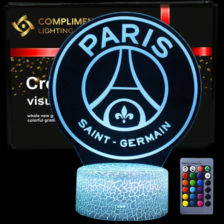 Lampka nocna 3D LED PSG – stylowa dekoracja dla fanów Paris Saint-Germain i europejskiej piłki.