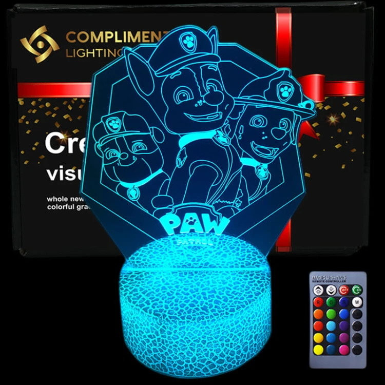 Kolorowa lampka 3D LED PAW Patrol – bezpieczne oświetlenie dla dzieci. 16 kolorów, pilot i zasilanie USB w zestawie.