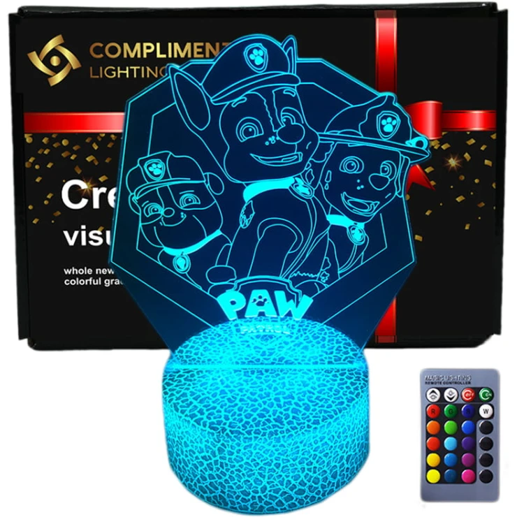 Lampka nocna 3D LED z motywem PAW Patrol. 16 kolorów światła, pilot i USB. Idealna dekoracja i prezent do pokoju dziecka.