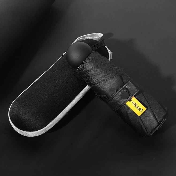 Czarna mini parasolka w twardym etui – składana, lekka, z ochroną UV i wodoodporna. Elegancki prezentowy zestaw.