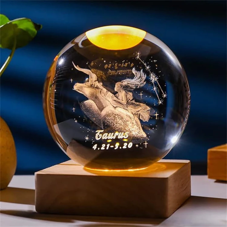 Lampka nocna 3D Kryształowa Kula Znak Zodiaku Byk Talizman