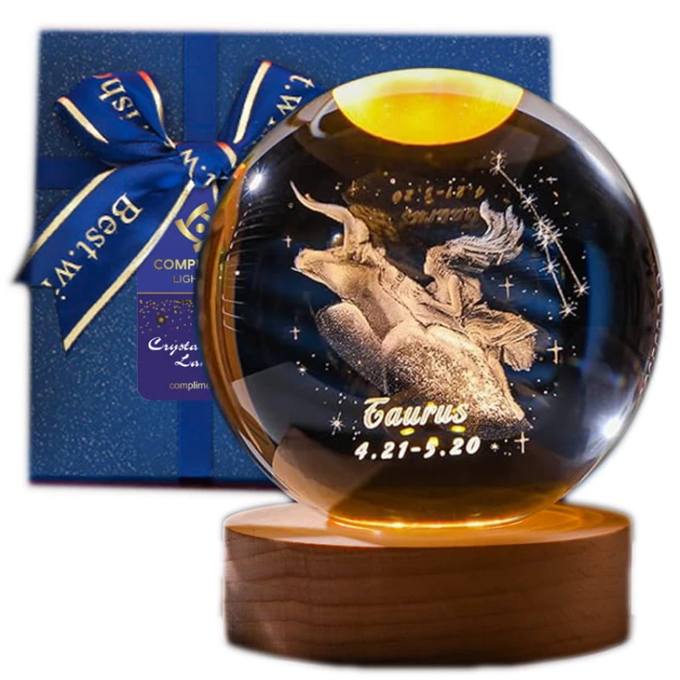 Lampka nocna 3D Kryształowa Kula Znak Zodiaku Byk Talizman