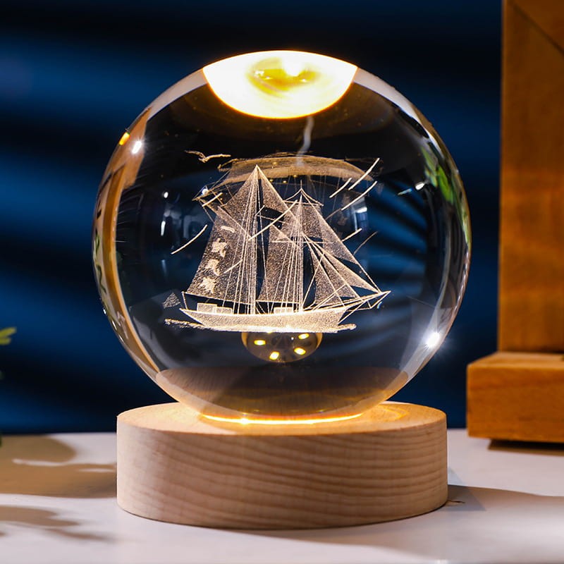 Lampka nocna 3D Kryształowa Kula Statek żaglowy