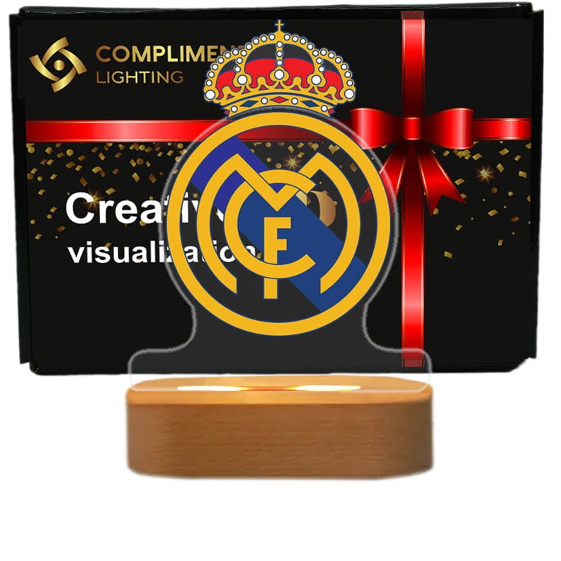 Lampka nocna Premium 3D LED FC Real Madryt z nadrukiem. Efekt 3D, pilot i USB. Idealny prezent dla kibica.