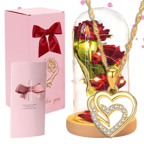 Zestaw „Golden Heart & Eternal Rose” — złoty naszyjnik serce z wieczną różą w szkle, elegancki i gotowy do wręczenia prezent.