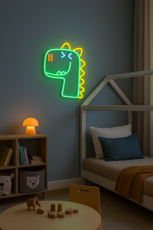 Duży neon Led USB Lampka na ścianę Napis do pokoju Zielony dinozaur