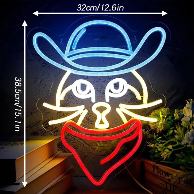 Duży neon Led USB Lampka na ścianę Napis do pokoju Kot z szalikiem