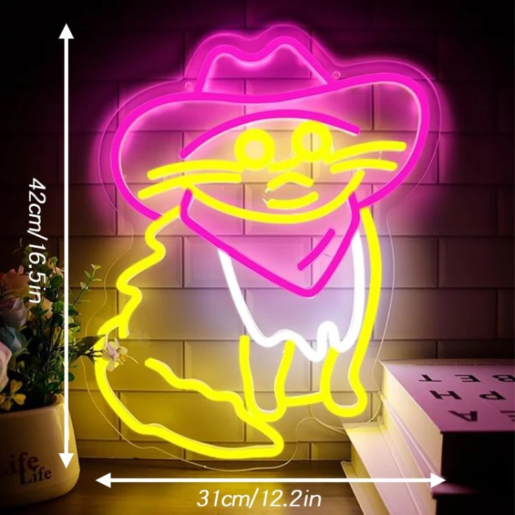 Duży neon Led USB Lampka na ścianę Napis do pokoju Kot w czerwonym kowbojskim kapeluszu