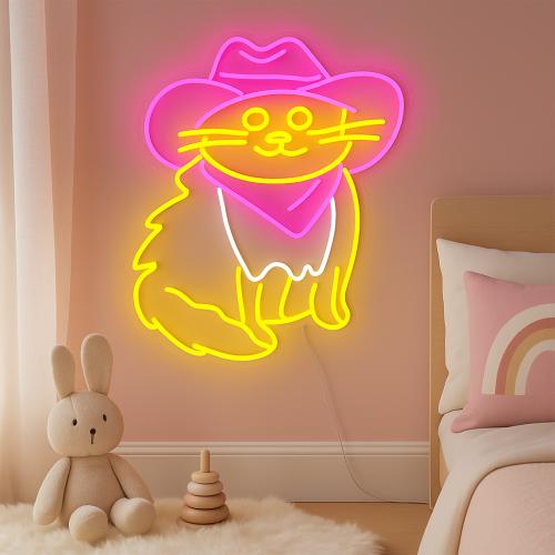 Duży neon Led USB Lampka na ścianę Napis do pokoju Kot w różowym kowbojskim kapeluszu