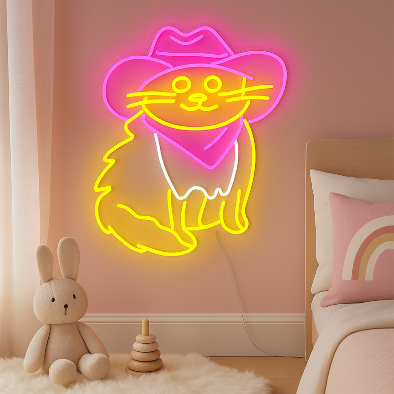Duży neon Led USB Lampka na ścianę Napis do pokoju Kot w różowym kowbojskim kapeluszu