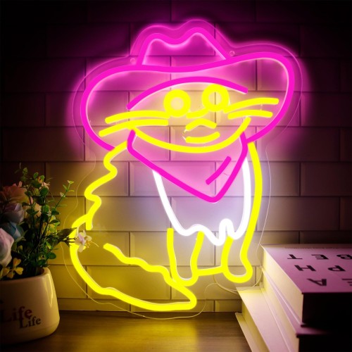 Duży neon Led USB Lampka na ścianę Napis do pokoju Kot w czerwonym kowbojskim kapeluszu.