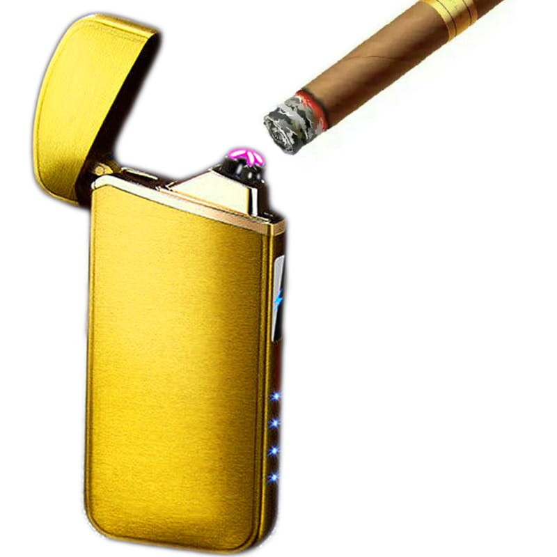 Złota zapalniczka plazmowa USB z podwójnym łukiem i diodami LED.