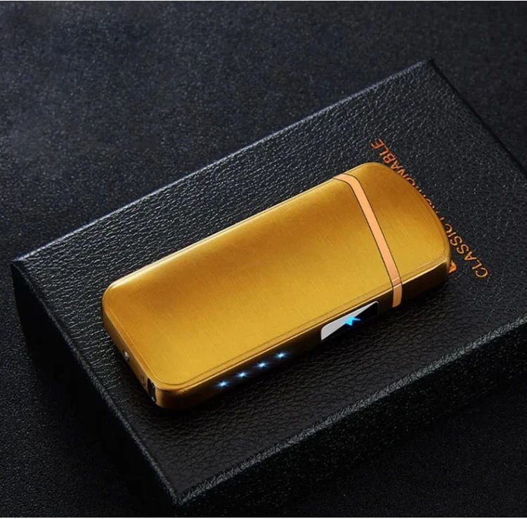 Złota zapalniczka plazmowa USB z podwójnym łukiem i diodami LED.