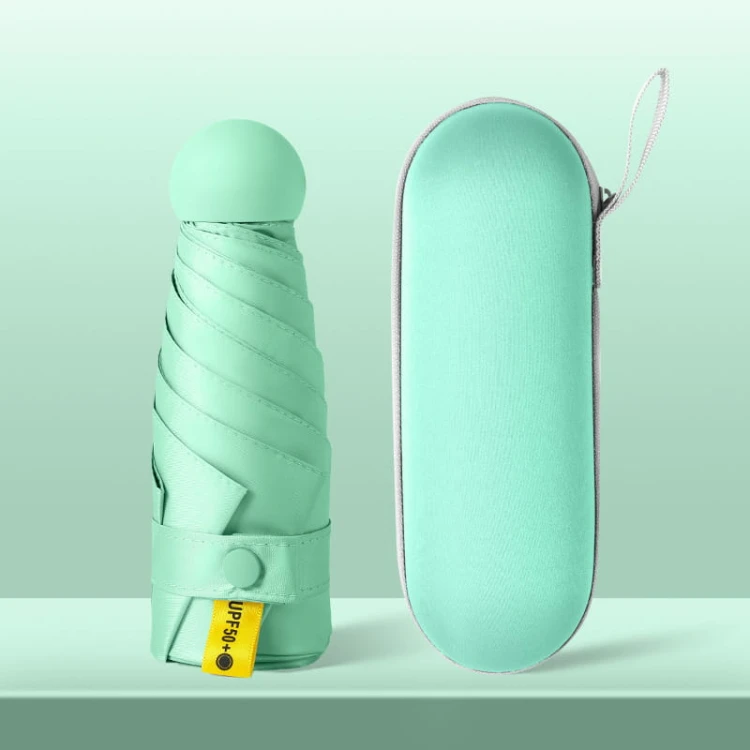 Parasolka mini w kolorze miętowym z etui kapsułkowym. UV50+, wodoodporna, składana – stylowy dodatek na każdą pogodę.