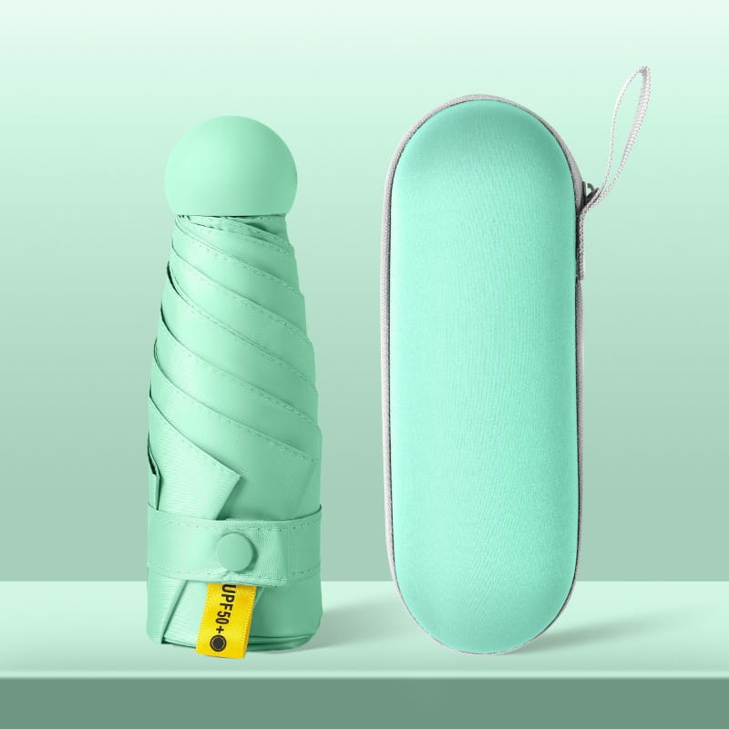 Parasolka mini w kolorze miętowym z etui kapsułkowym. UV50+, wodoodporna, składana – stylowy dodatek na każdą pogodę.