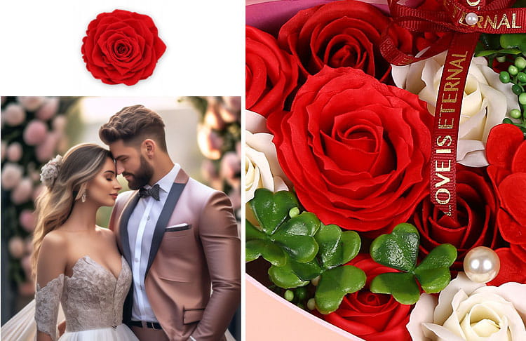Rubinowe mydlane róże w kształcie serca — stylowy, premium Flower Box inspirowany holenderską florystyką.