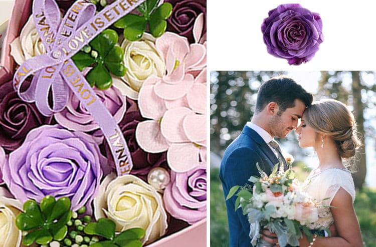 Purpurowe mydlane róże w pudełku serce – ekskluzywny Flower Box Royal Purple Roses na prezent.