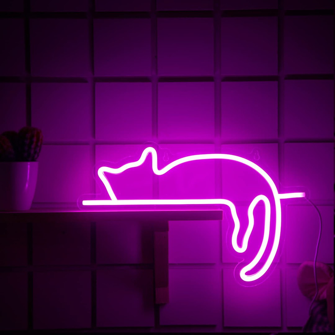 Duży neon Led USB Lampka na ścianę Napis do pokoju Leżący kot