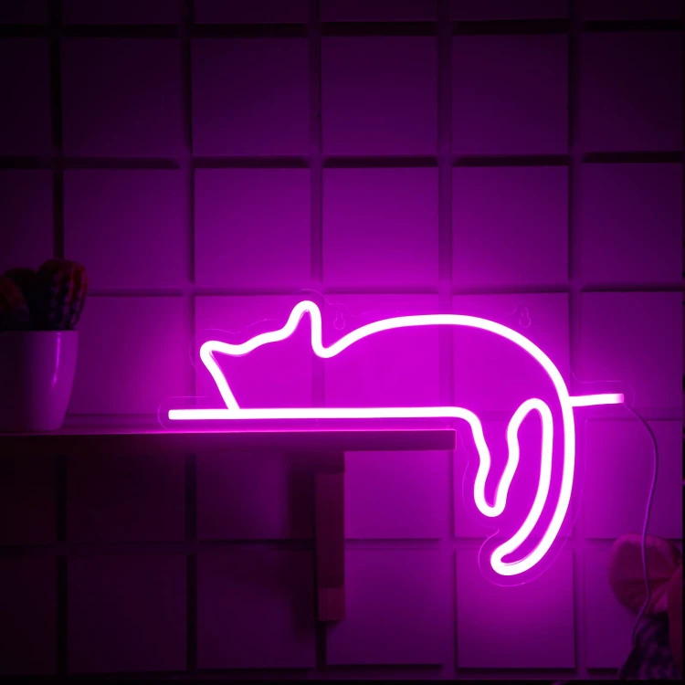Duży neon Led USB Lampka na ścianę Napis do pokoju Leżący kot