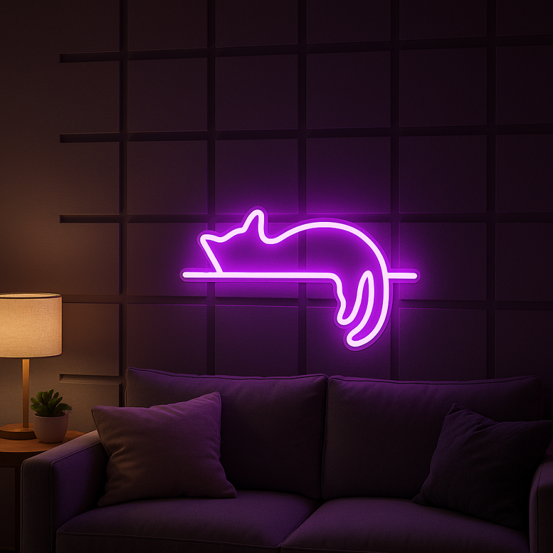 Duży neon Led USB Lampka na ścianę Napis do pokoju Leżący kot