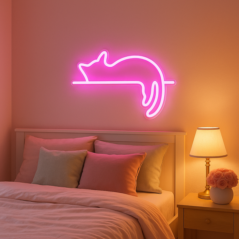 Duży neon Led USB Lampka na ścianę Napis do pokoju Leżący kot