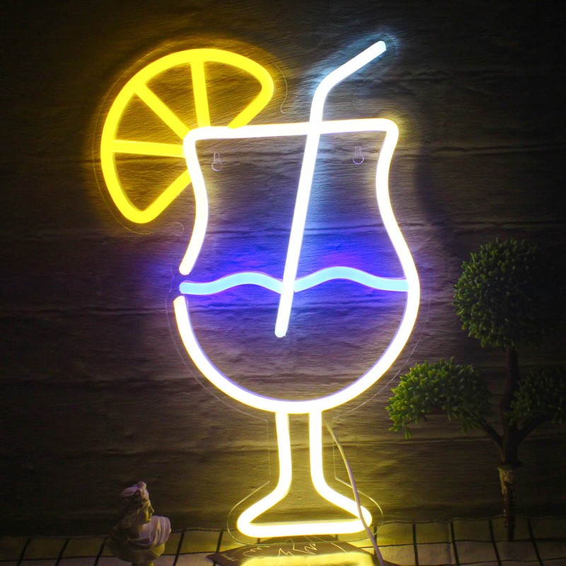 Duży neon Led USB Lampka na ścianę Napis do pokoju Koktajl z plasterkiem cytryny Cocktail