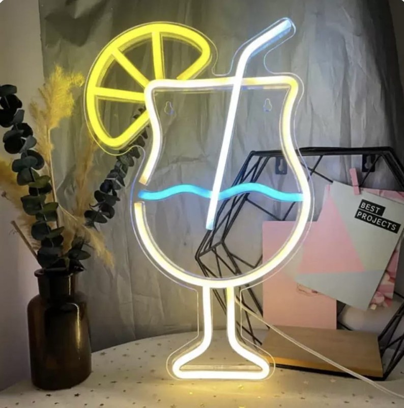 Duży neon Led USB Lampka na ścianę Napis do pokoju Koktajl z plasterkiem cytryny Cocktail