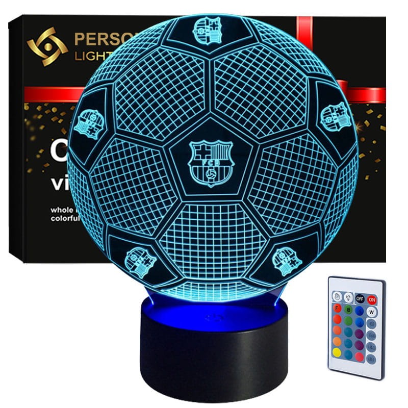Lampka nocna 3D LED USB z motywem piłki FC Barcelona – czarna podstawa i kolorowe podświetlenie LED.
