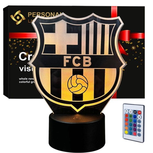 Lampka nocna 3D LED USB z motywem FC Barcelona – czarna podstawa i kolorowe podświetlenie LED.