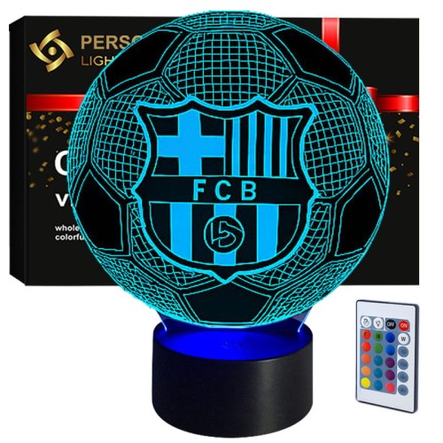 Lampka nocna 3D LED USB z herbem FC Barcelona – czarna podstawa i kolorowe podświetlenie LED.