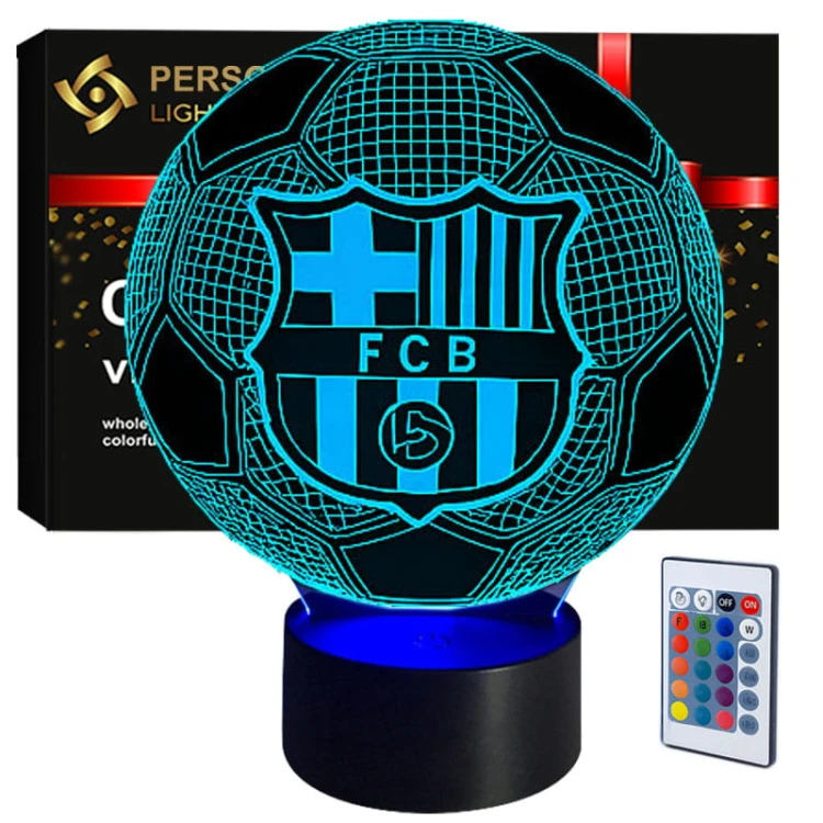 Lampka nocna 3D LED USB z herbem FC Barcelona – czarna podstawa i kolorowe podświetlenie LED.