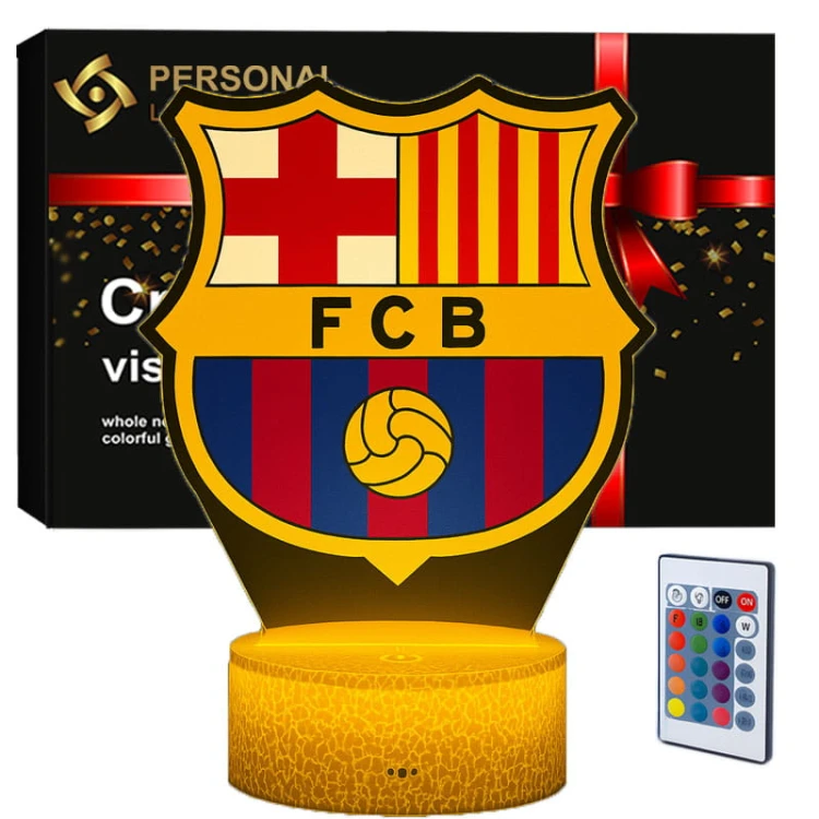 Lampka nocna 3D LED USB z nadrukiem FC Barcelona – biała podstawa i kolorowe podświetlenie LED.