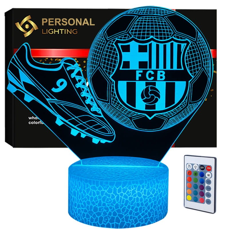 Lampka nocna 3D LED USB FC Barcelona z motywem piłki i korków – biała podstawa i kolorowe światło.