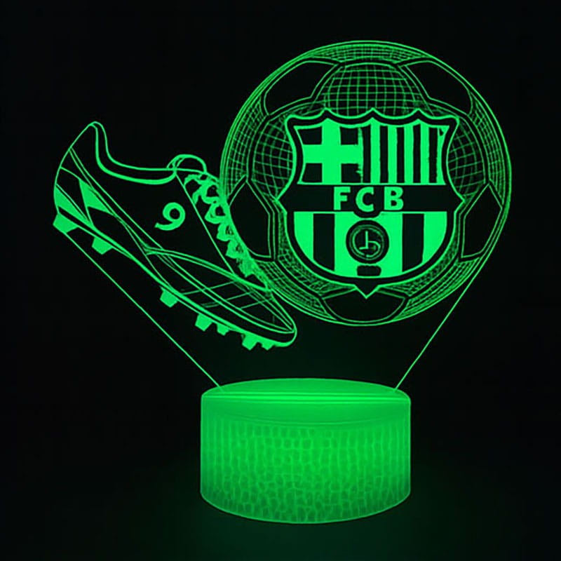 Lampka 3D LED FC Barcelona z motywem piłki nożnej – elegancka dekoracja z białą podstawą.
