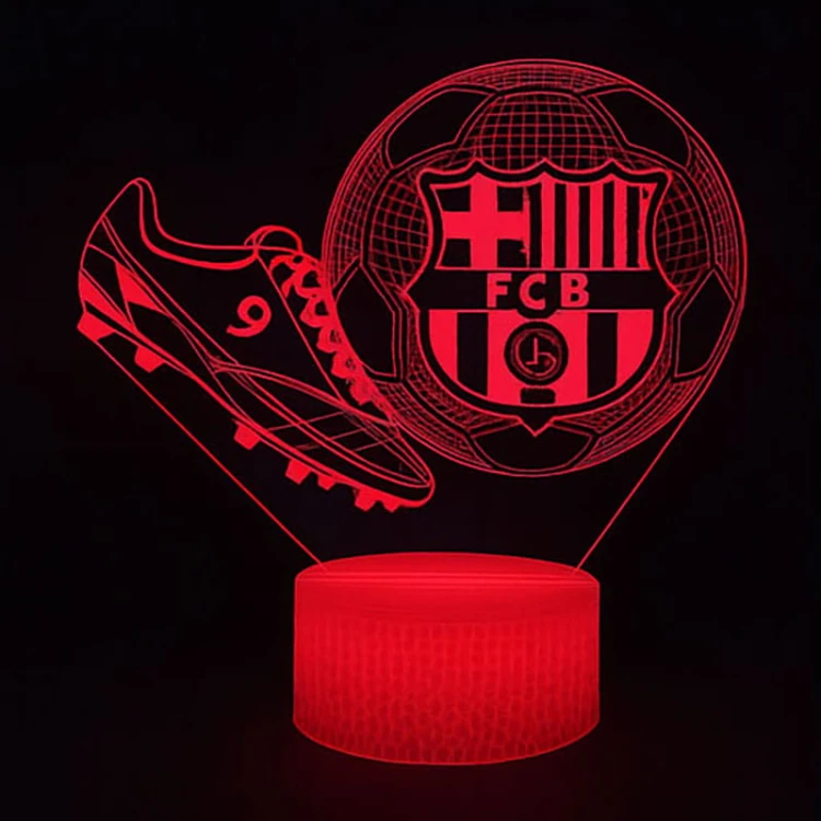 ampka nocna 3D USB FC Barcelona – piłka i korki w świetlnej wizualizacji 3D, biała podstawa LED.