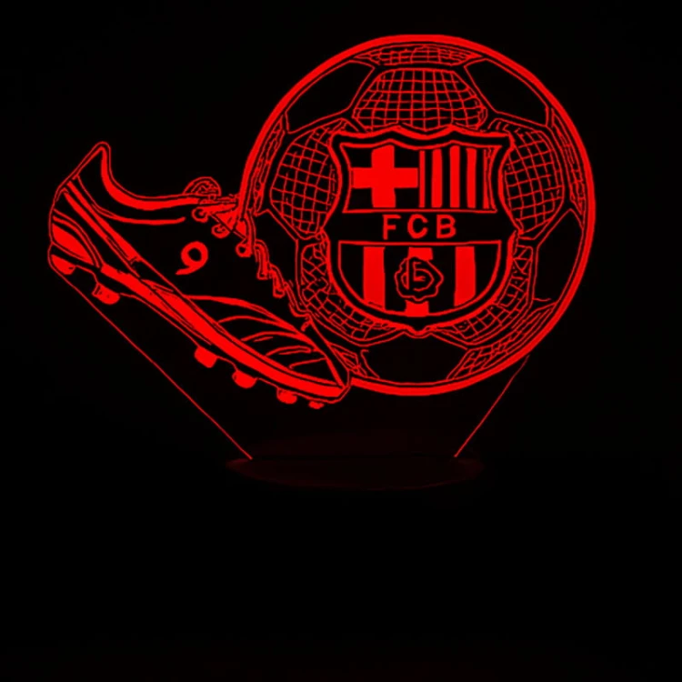 Lampka nocna 3D USB FC Barcelona – piłka i korki w przestrzennej iluminacji 3D, czarna podstawa.