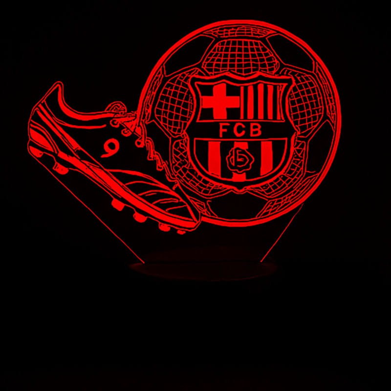 Lampka nocna 3D USB FC Barcelona – piłka i korki w przestrzennej iluminacji 3D, czarna podstawa.