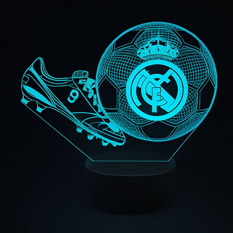 Personal 3D Lamp FC Real Madryt – lampka 3D LED z motywem piłki i korków, pilot i USB w zestawie.