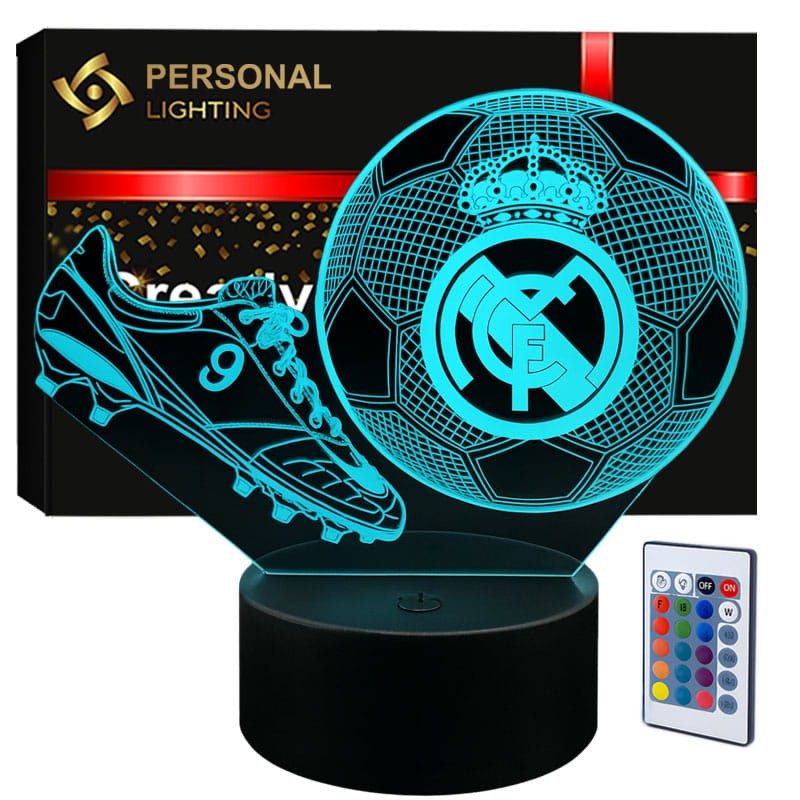 Lampka nocna 3D LED USB z motywem korków i piłki FC Real Madryt – idealna dekoracja dla kibica.