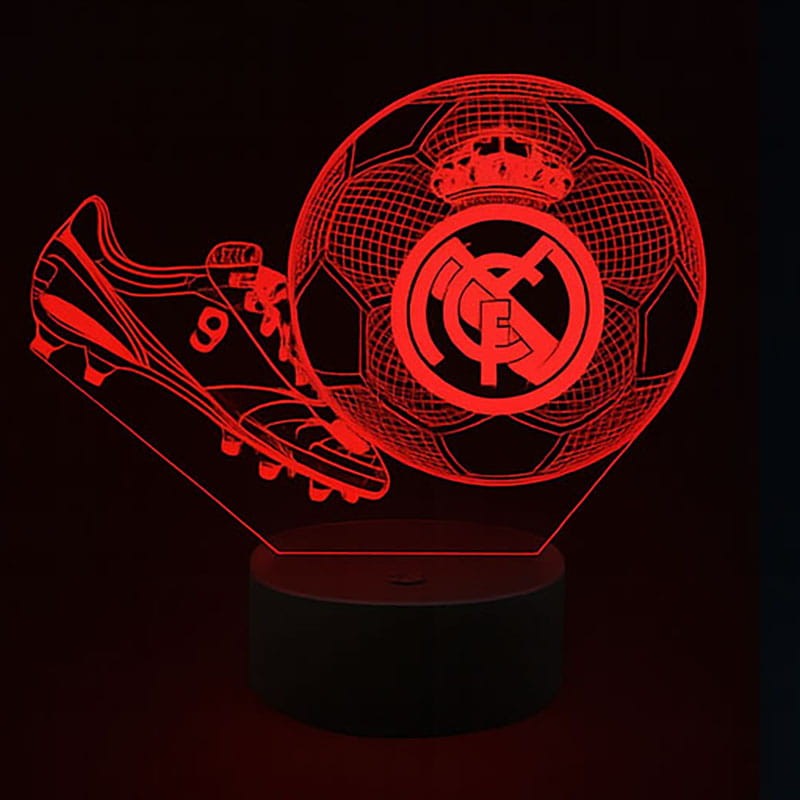 Lampka 3D LED FC Real Madryt – stylowa lampka nocna z motywem piłki nożnej i korków.
