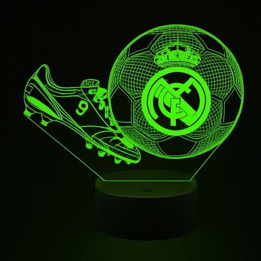 Lampka nocna LED 3D USB FC Real Madryt – piłka i korki w świetlnej wizualizacji 3D, prezent dla fana.