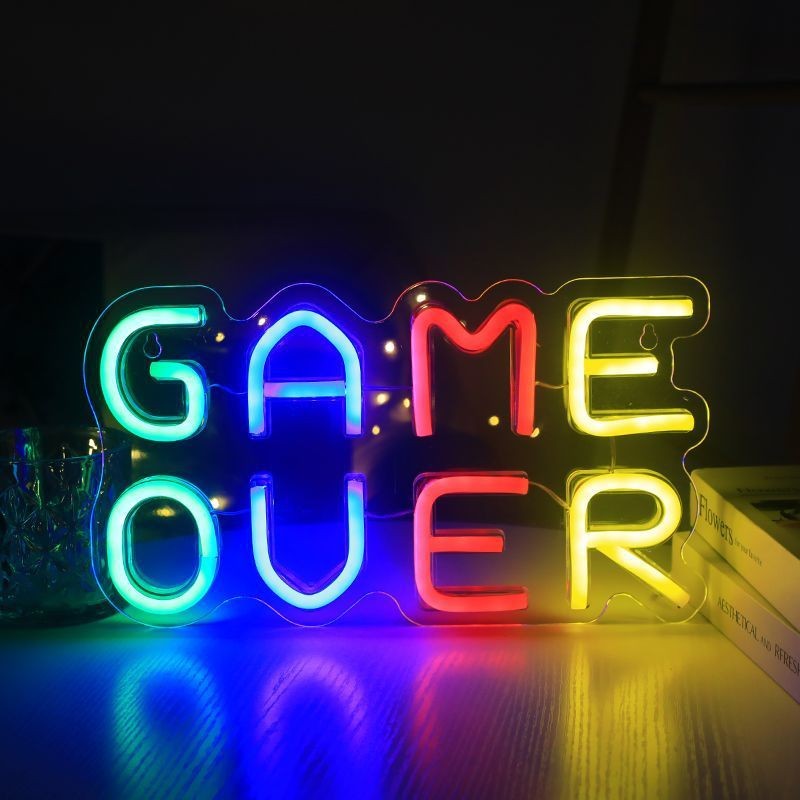 Duży Neon LED USB Lampka na ścianę Napis do pokoju znak neonowy Game  Over MULTICOLOR