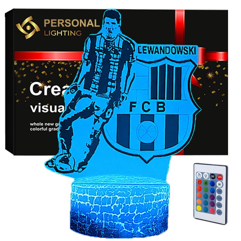 Lampka nocna 3D LED USB z motywem FC Barcelona i nazwiskiem Lewandowski – idealny prezent dla kibica.